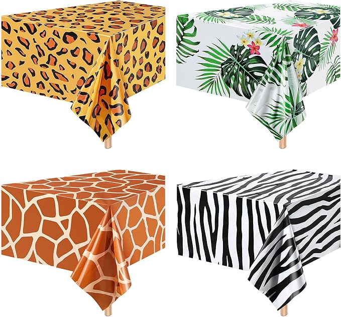 Animal Safari Tablecloth Jungle Animal Theme Tablecover Tiger Zebra Giraffe Print Table Cover Tropical Leaf Tablecloth Party Supplies for Jungle Safari Birthday Baby Showers (Greenery Style, 4 Pcs)