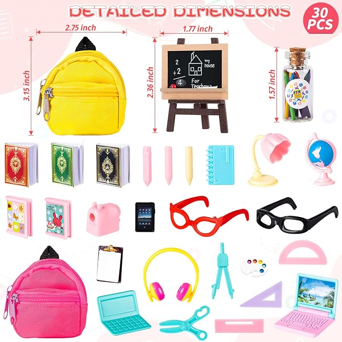 Mini School Supplies, 30Pcs Doll School Supplies Includes Mini Doll Backpack Laptops Glasses Blackboard Book Palette Paper Ruler Scissors Calculator for Dolls Accessories Set