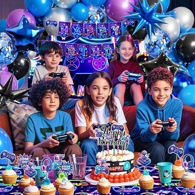 Video Game Birthday Decorations for Boys, Happy Birthday Banner Backdrop, Gaming Tablecloth, Blue Purple Balloon Arch Kit, Cake & Cupcake Topper, Kid Gamer Birth day Decorations Party Supplies