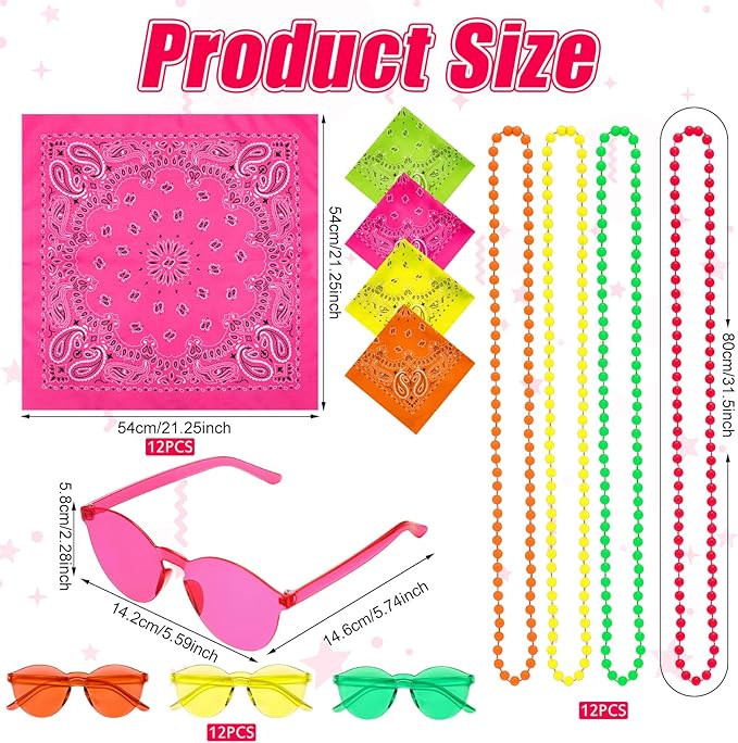 48 Pack Neon Theme Football Game Accessories Kit Homecoming Decorations-12 Bandanas, 12 Sunglasses, 24 Beaded Necklaces Bulk Neon Party Favors for Sports Events School Spirit Game Week Day