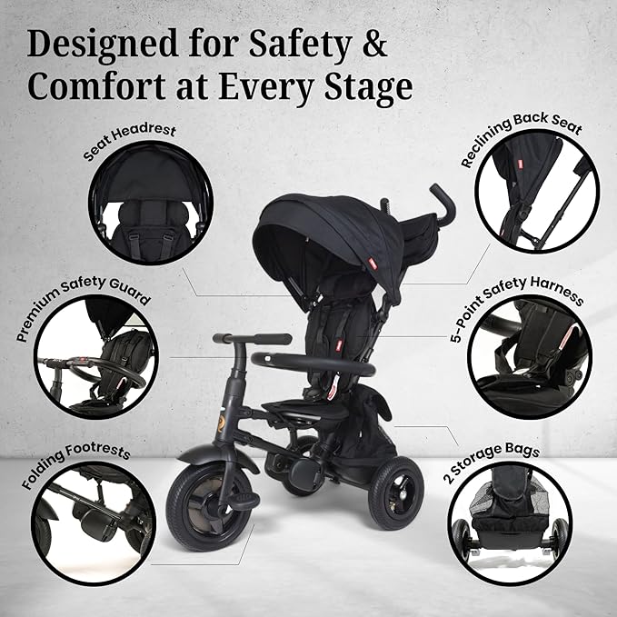 QPlay Rito - Premium Luxury Foldable Trike for Toddlers Featuring Leather touchpoints, Toddler Tricycle Stroller, Push & Fold Tricycle for Ages 12 Months to 5 Years, Midnight Edition