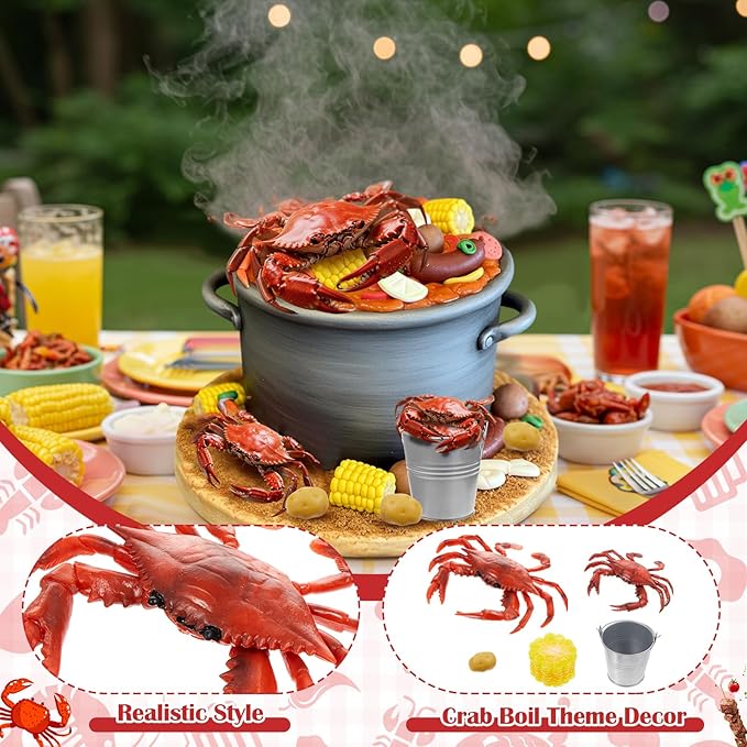 9 Pcs Crab Cake Topper Crab Boil Party Decorations Supplies Plastic Potato Corn Metal Pail for Theme Birthday Festival Potluck