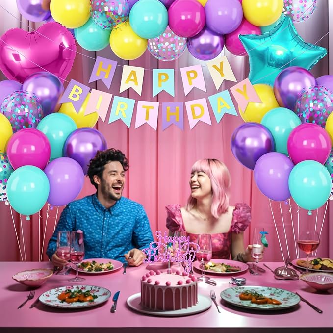 Pink Blue Purple Birthday Decorations for Women Girls, Hot Pink Blue Latex Balloon Decor Happy Birthday Banner Star Heart Foil Balloons Cake Topper Party Supplies