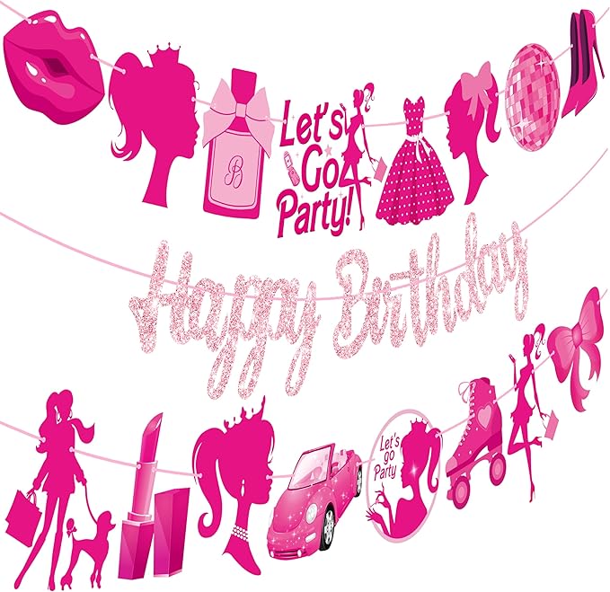 3Pcs Hot Pink Girl Happy Birthday Banners Glitter Hot Pink Princess Birthday Party Decorations for Girls Doll Theme Baby Shower Ladies Bachelorette Party Supplies