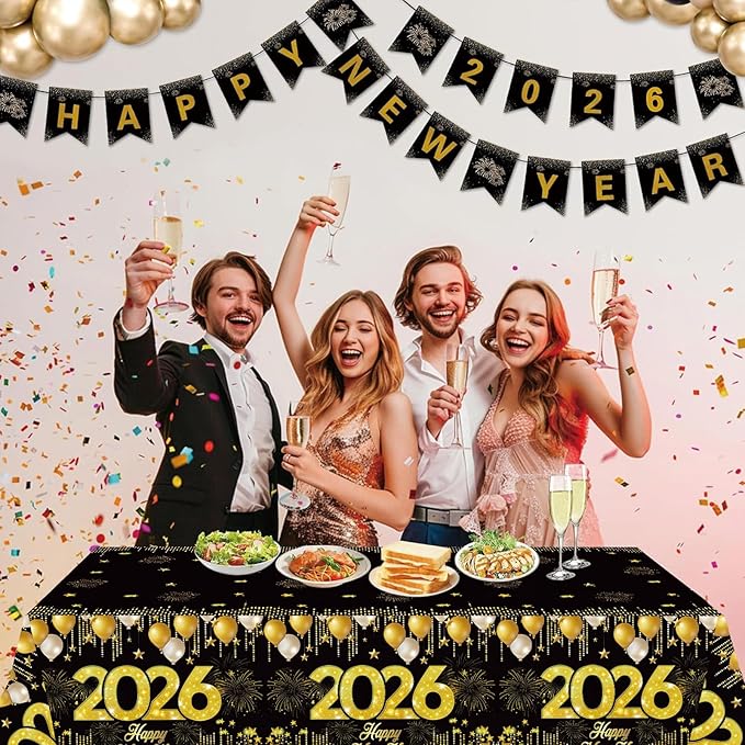 Staraise 3PCS New Years Tablecloths, Black and Gold Plastic Tablecloth Happy New Year Table Decorations Disposable Rectangular PE Table Cover for New Year's Eve Party Supplies 2026, 51.2X 86.6inch