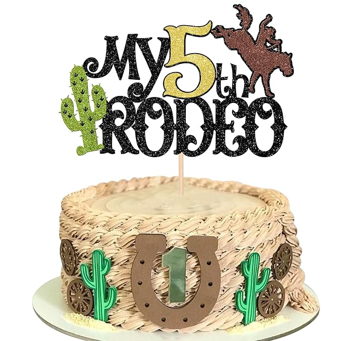 1 PCS My 5th Rodeo Cake Topper Brown Glitter Cactus Five Birthday Cake Pick Decoration for Western Little Cowboy Theme Baby Shower Kids 5th Birthday Party Cake Decorations Supplies