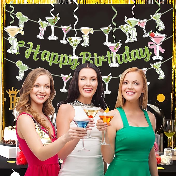 Martini Cocktail Cups Themed Party Decorations - 1pcs Glitter Green Happy Birthday Banner, 2pcs Martini Cocktail Cups Theme Banner Bunting Garlands, 6pcs Martini Themed Hanging Swirls(6 styles)