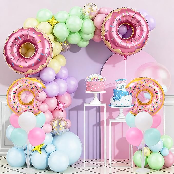 Donut Balloon Table Centerpiece Stand Kit 2 Sets for Table with 2 Doughnut Foil Balloons 14 Latex Pastel Balloons for Donut Party Decorations Pastel Birthday Party Baby Shower Decorations