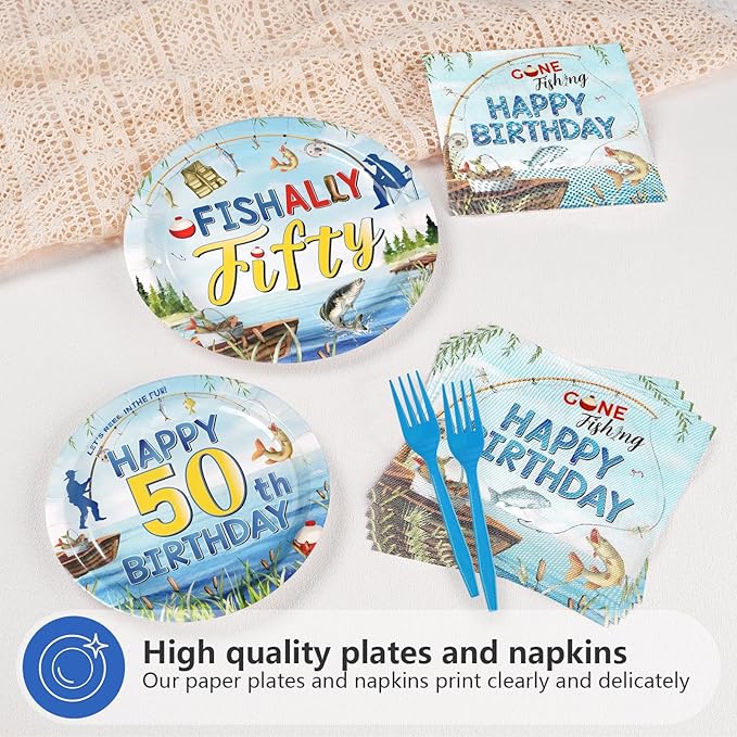96Pcs Fishing 50th Birthday Party Decorations 50 Years Old Paper Plates and Napkins Disposable Gone Fishing Fifty Tableware Set for Fisherman Happy 50th Birthday Party Supplies, Serves 24