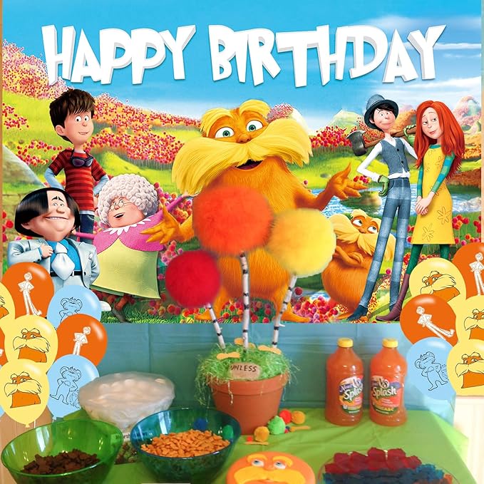 Cartoon Loraxs Birthday Party Decoration,Cartoon Party Photo Background 5 x 3 FT and 18 Pcs Balloon,Merch Party Backdrop Supplies