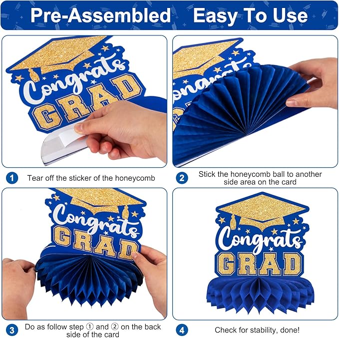 8 Pieces Class of 2026 Graduation Table Decorations - 2026 Congrats Grad Honeycomb Centerpieces, Graduation Table Toppers Decor for 2026 Graduation Party Decorations Favor Supplies, Blue and Gold
