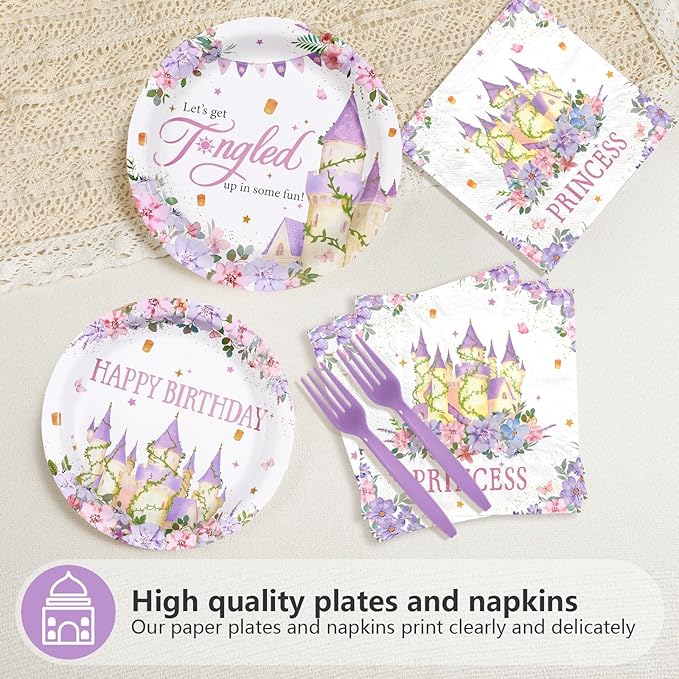 96Pcs Princess Birthday Party Supplies Purple Tower Castle Party Plates and Napkins Disposable Purple Princess Themed Tableware Set for Birthday Baby Shower Wedding Decorations, Serves 24