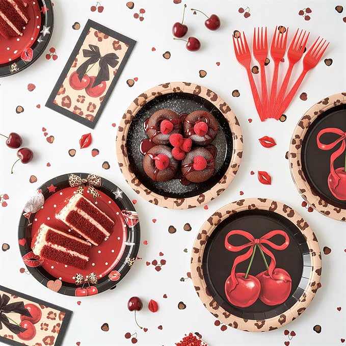 Haooryx Cheetah Cherry Tableware - 96Pcs Red Cherry Bow Leopard Print Decor Red and Black Fruit Themed Disposable Plates Napkins Forks for Girls Birthday Wedding Holiday Party Table Decoration Supply
