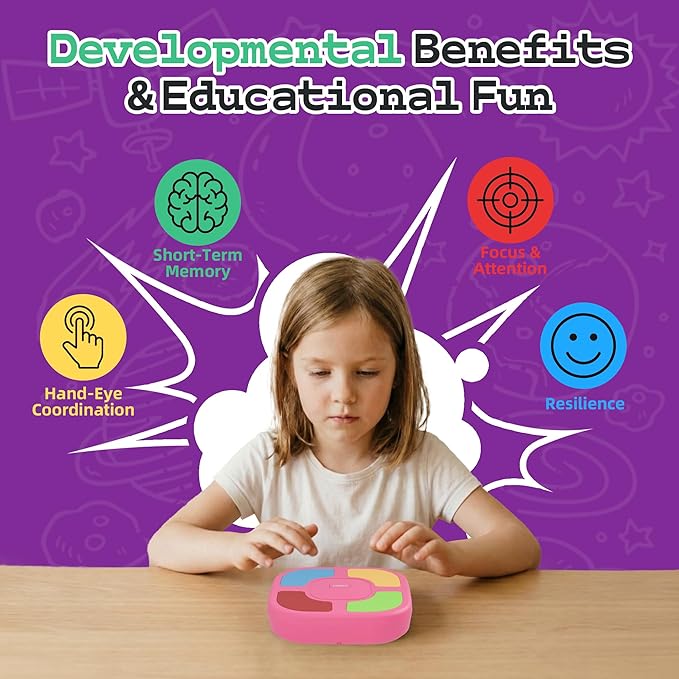 Electronic Memory Game for Kids, Handheld Toy with Silent Mode, 4 Difficulty Levels, Progressive Light Up Memory Game with Lights & Sounds, Educational Travel Toy for Boys & Girls