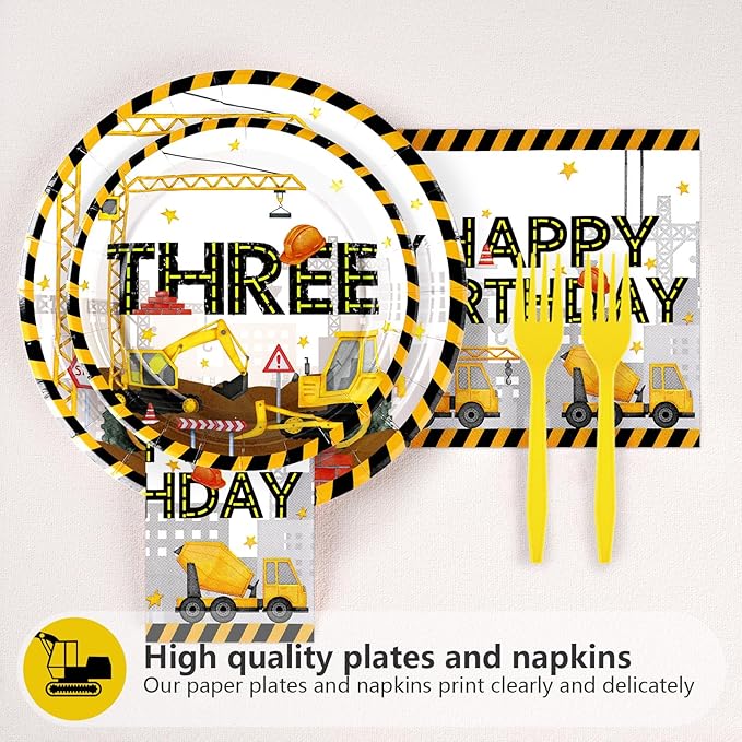 96 Pcs Construction 3rd Birthday Party Supplies Construction Plates Napkins Forks Tableware Set Excavator 3rd Birthday Decorations for Boys Dump Truck Theme 3 Year Old birthday Decorations Serves 24