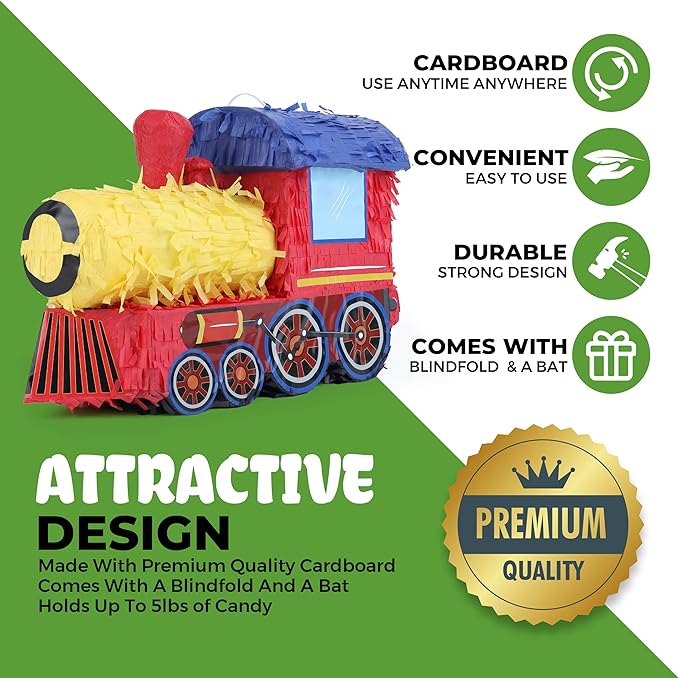 3D Train Pinata Bundle with a Blindfold and Bat (16x10.6x6.7 Inches), Train Pinata for Boys Birthday Party Supplies, Perfect for Birthday Party, Train Theme Party, Decoration
