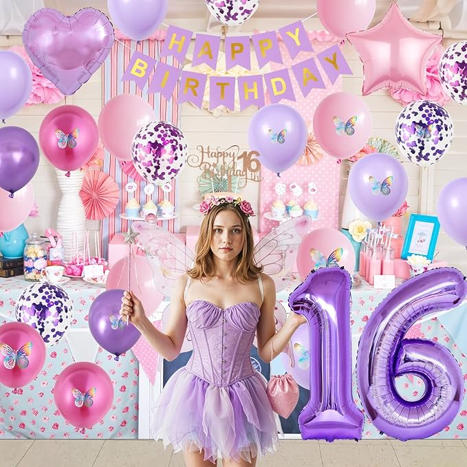16th Purple Birthday Decorations,Pink Purple 16th Birthday Decorations for Girls Lavender Party Decor Number Foil Balloons Cake Topper Butterfly Stickers for Girls 16 Year Old Party Decorations