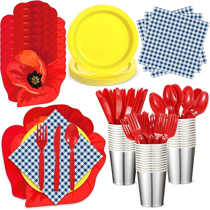 Havawish 194 Pcs Wizard Party Supplies Paper Plate Cup Poppy Flower Placemat Napkin Hard Plastic Red Cutlery Fork Knives Spoon Disposable Tableware for Halloween Princess Witch Party