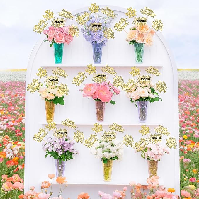 15 PCS Happy Retirement Centerpiece Sticks Officially Retired Table Flower Centerpieces Sticks No Work Zone Adventure Begins Floral Decorations for Retirement Birthday Party Centerpieces Gold