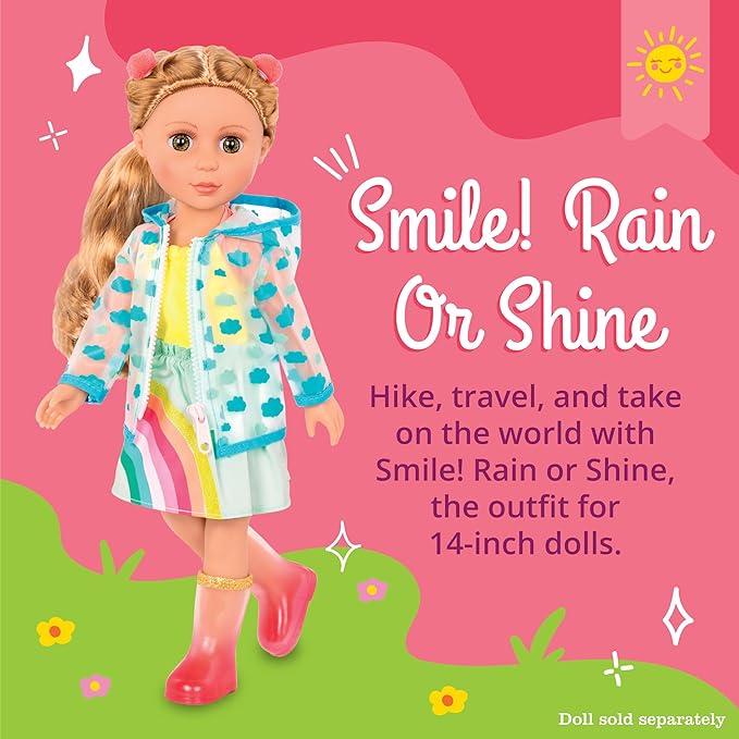 Glitter Girls – 14-Inch Doll Clothes – Smile! Rain Or Shine Outfit – Rainbow Dress, Hair Clips, Raincoat, and Rain Boots – Toys, and Accessories for 3+ Years