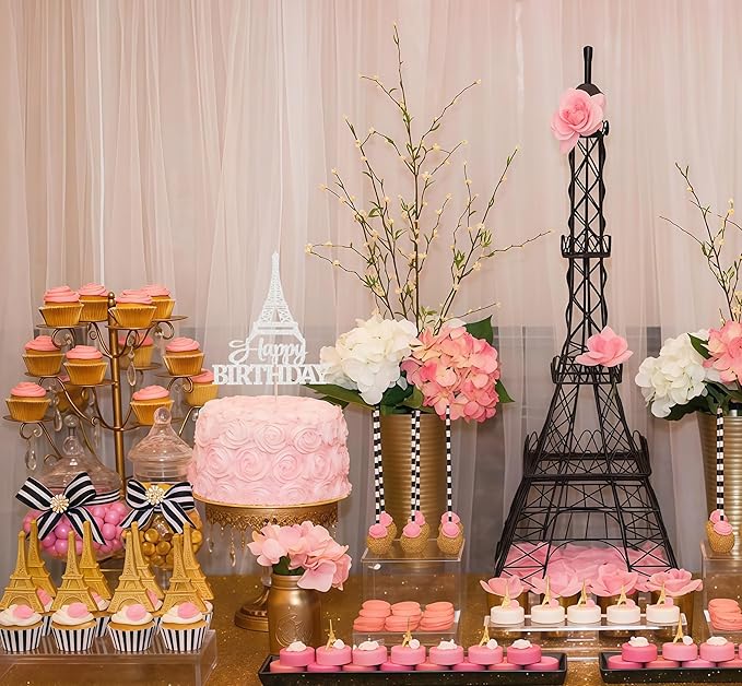 Eiffel Rower Birthday Cake Topper - Silver Glitter Eiffel Rower Theme Birthday Party Cake Decoration Supply - Boy or Girl Architecture Theme Party Cake Decor Photo Prop