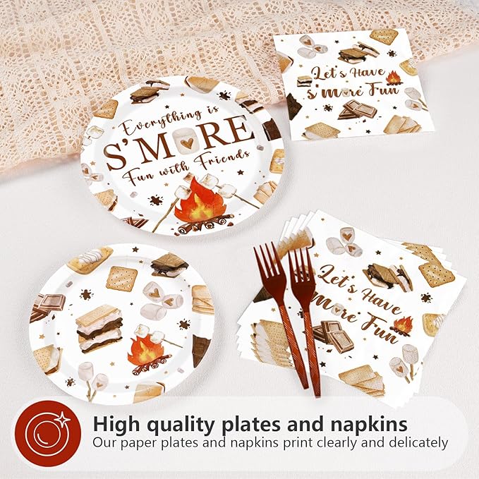 96 Pcs Smore Camping Party Decorations Everything is S'More Fun with Friends Plates and Napkins Camping Themed Tableware Set for Campers Birthday Baby Shower Campfire Bonfire Party Supplies Serves 24