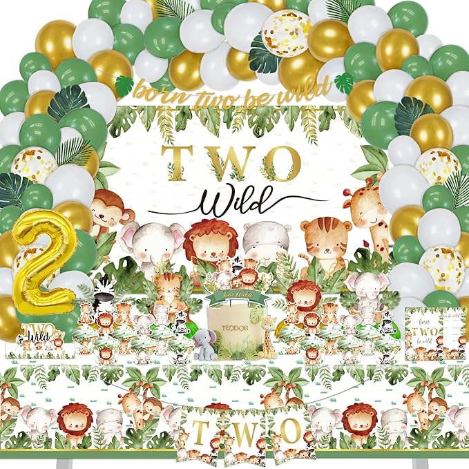 Mpanwen Two Safari Wild Birthday Decorations for 2 Years Old Boys, 158 Pcs Jungle Safari 2nd Party supplies for Baby - Backdrop, Tablecloth, Palm Leaves, Jungle Centerpieces, Banner, Crown and Poster