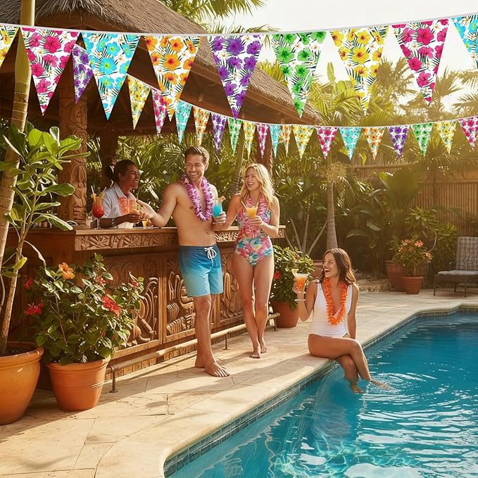 Jetec 5 Pack 49 Ft Hibiscus Flower Pennant Banner Hawaiian Luau Party Decorations for Tiki Bar Supplies Aloha Birthday Tropical Beach Theme Summer Outdoor Bunting Flags Hanging Garland Decor