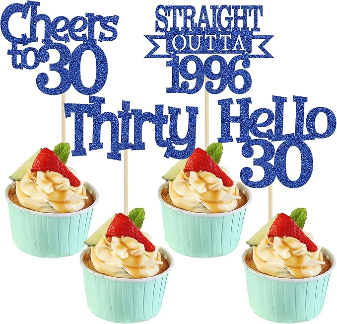 Ephlyn 24Pcs Happy 30th Birthday Cupcake Toppers Glitter Thirty Cupcake Picks Hello 30 Cheers to 30 Years Cake Decorations for 30th Birthday Anniversary Party Decorations Supplies Blue
