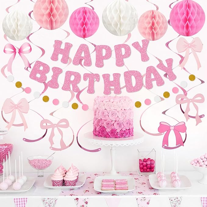 Amandir Pink Birthday Decorations for Girls Women, Glitter Happy Birthday Banner with Honeycomb Balls, Bow Hanging Swirls Streamers, Circle Dots Garland, Coquette Party Decorations