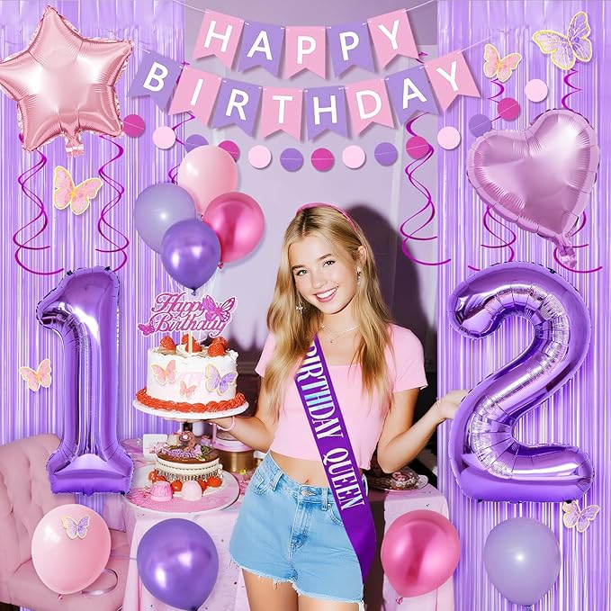 12th Purple Birthday Decorations for Girls, Pink and Purple Happy 12 Birthday Party Decorations with Happy Birthday Banner, Number Foil Balloons, Butterfly Cake Topper for 12th Party Supplies
