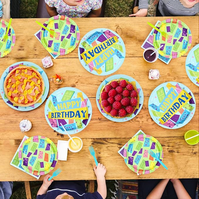 96Pcs Monster Birthday Party Supplies Colorful Door Party Plates and Napkins Disposable Monster Themed Tableware Set for Kids Birthday Baby Shower Decorations, Serves 24