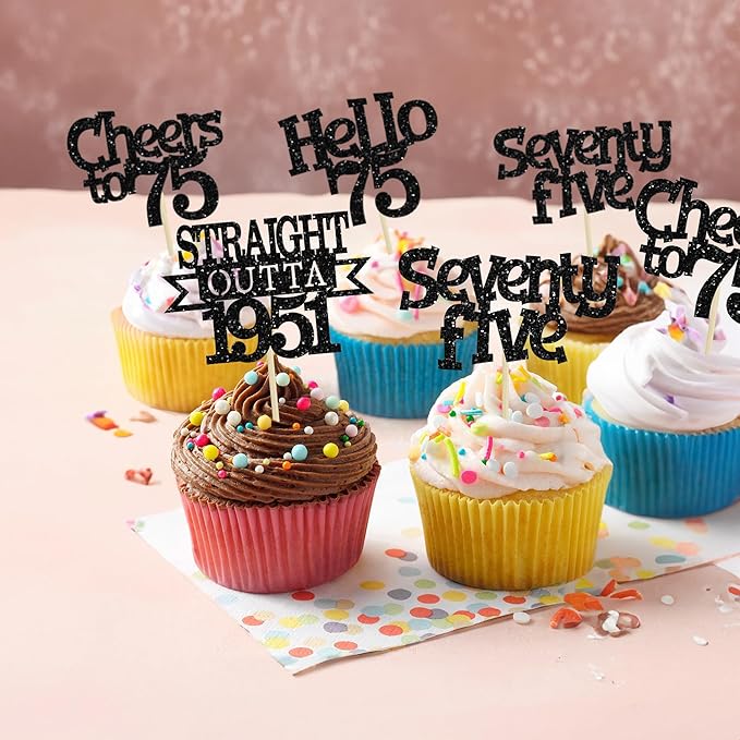 Ephlyn 24Pcs 75th Birthday Cupcake Toppers Glitter Straight Outta 1951 Cupcake Picks Hello 75 Cheers to 75 Years Cake Decorations for 75th Birthday Anniversary Party Decorations Supplies Black