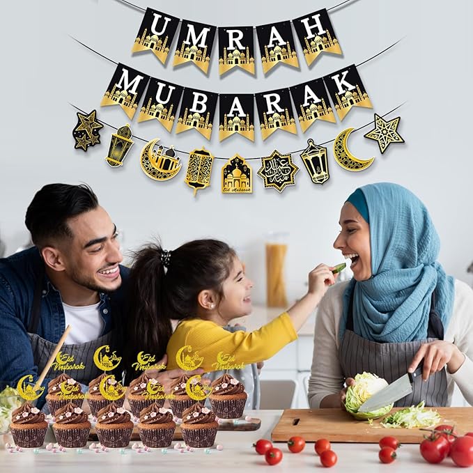 AhfuLife Umrah Mubarak Banner Set, 3 Pcs Pre-Tied EID Decor with Moon Star Garland, Pre Assembly Islamic Party Supplies for Home Outdoor Umrah Mubarak Ramadan Party Decor
