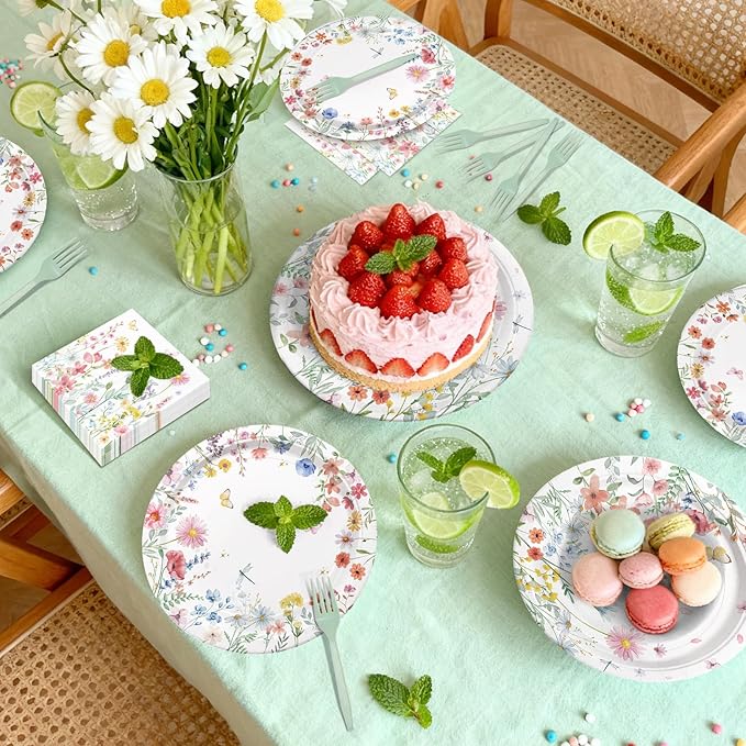 96 Pieces Spring Wildflower Floral Tableware Set – Garden Flower Disposable Plates, Napkins for Spring Birthday, Bridal Shower, Tea Party, and Mother’s Day Celebrations – Serves 24 Guests