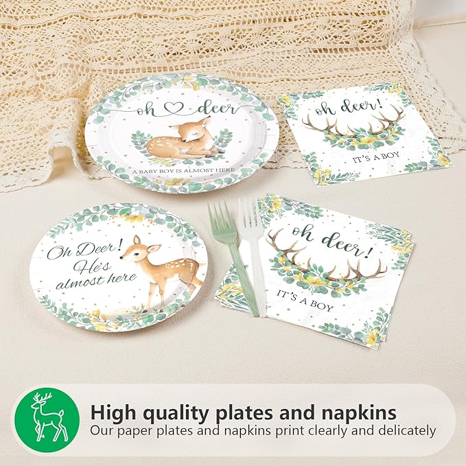 96Pcs Oh Deer He's Almost Here Baby Shower Party Supplies Green Deer Plates and Napkins Woodland Animal Tableware Set for Boy Animal Baby Shower Gender Reveal Party Supplies，Serves 24