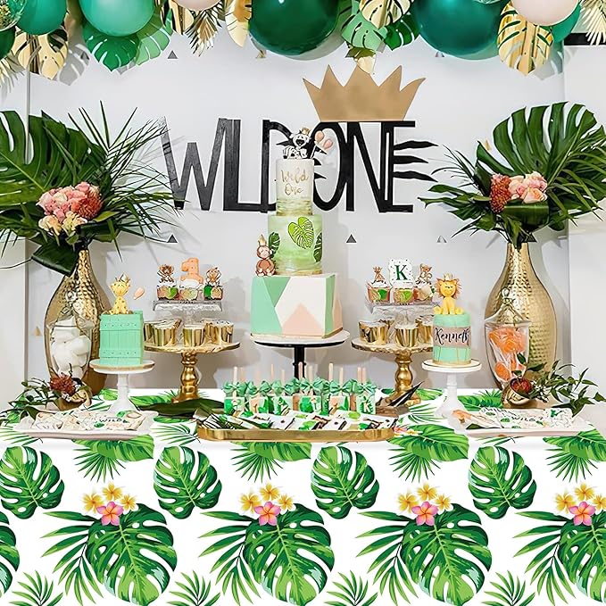 4 Pack Hawaiian Luau Tablecloths Tropical Palm Leaves Table Cloth Hawaiian Luau Table Cover Palm Leaves Table Cloth Baby Birthday Birthday Party Summer Pool Tropical Party Decorations 86 x 51 IN