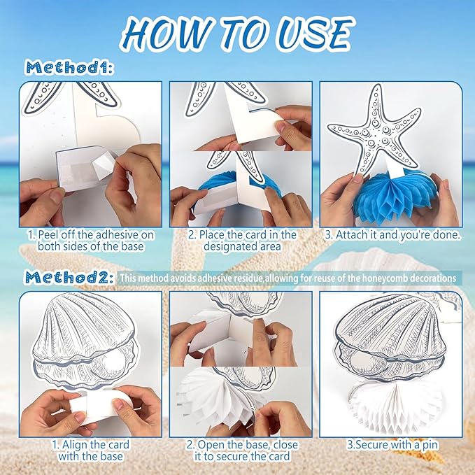 14 Pcs Summer Seashells Party Table Decorations, Ocean Happy Birthday Honeycomb Centerpieces, Party Supplies Birthday Decorations Blue Bow Starfish Seashells for Women Men Baby Shower