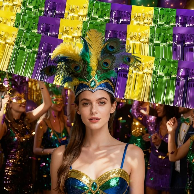 OHOME Mardi Gras Decorations - 2 Pack Gold Green Purple Streamers | Mardi Gras Party Favors Supplies Decor Indoor Outdoor - Masquerade Birthday Party Float Garlands Photo Booth Banner Backdrop,10 FT
