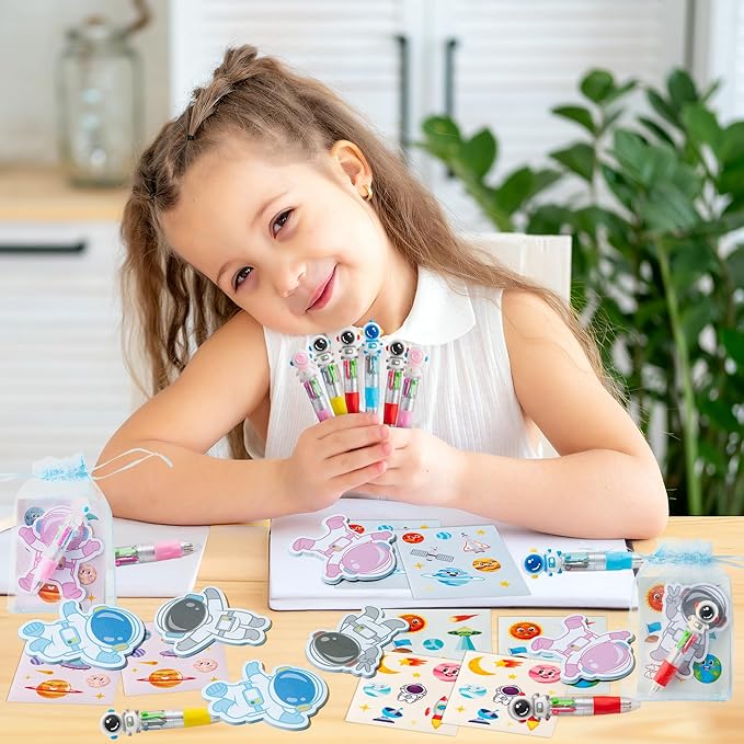 CY2SIDE Space Stationery Party Gift - 12 Pack Spring Gifts Stuffer with Outer Space 4-in-1 Ballpoint Pen Sticky Note Sticker and Organza Astronaut Party Favors Goodie Bag Fillers for School Rewards