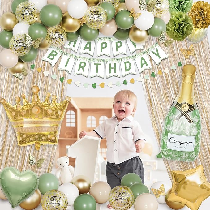 Ouddy Life Sage Green Birthday Decorations Green White Gold Confetti Balloon Fringe Curtain Happy Birthday Banner Cake Topper for Women Girls Boys Neutral Boho Safari Wild Party Supplies