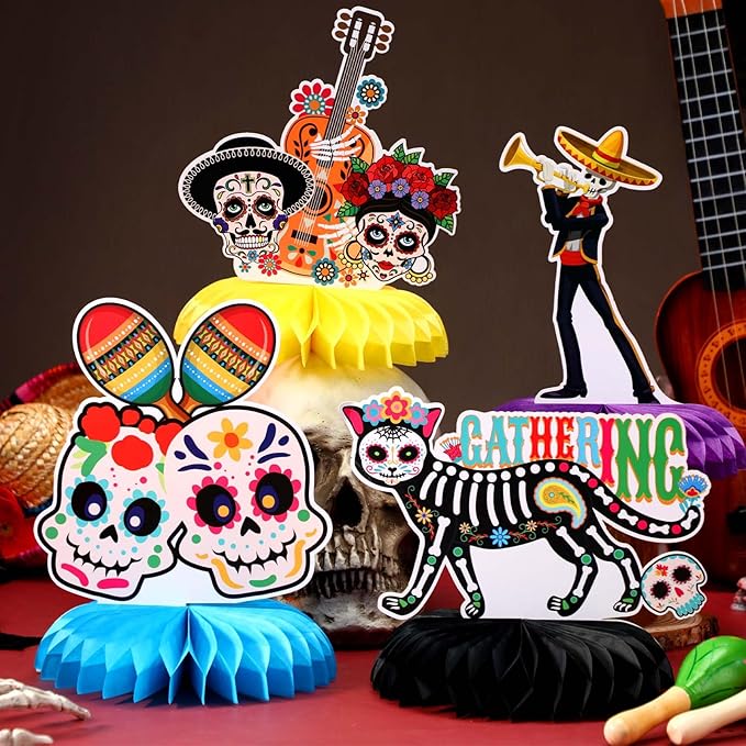 Pickmesh 12 Pieces Day of The Dead Party Decorations Honeycomb Centerpieces Dia De Los Muertos Table Decorations Sugar Skull Guitar Table Topper for Halloween Mexican Day of The Dead Party Favors