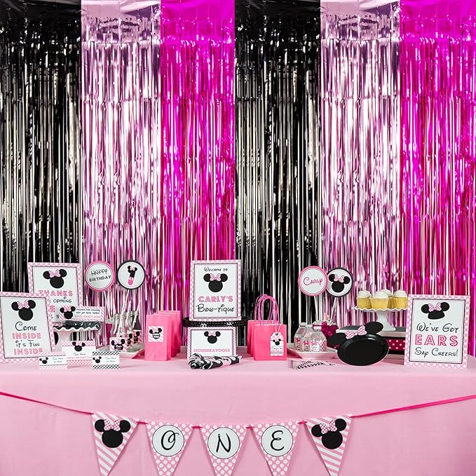 LOLStar 3 Pack Cartoon Mouse Birthday Party Supplies,3.3x6.6 ft Black Pink Fuchsia Tinsel Foil Fringe Curtains,Cartoon Mouse Photo Booth Prop Streamer Backdrop, Kawaii Party Decoration for Girls Baby