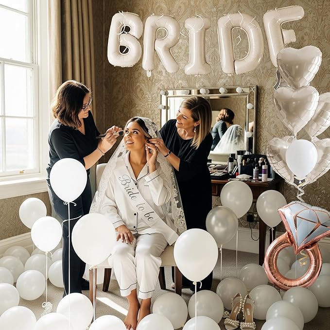 Cream White Bridal Shower party decorations with huge 40 Inch BRIDE letter Pearl Balloons BRIDE to be Sash Bridal Veil and Diamond Ring Heart shape Balloons For Bachelorette party Wedding supplies