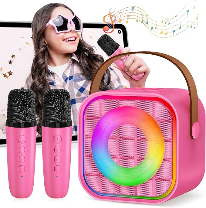Mini Karaoke Machine with 2 Wireless Microphones for Kids Adults, Portable Bluetooth Singing Speaker Birthday Fun Gift for Girls Boys Ages 4,5,6,7,8,9,10+ Year Old, Toys for Party (Hotpink)