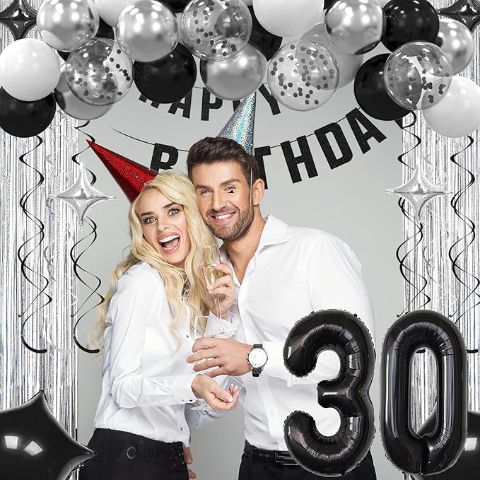 30th Birthday Decorations for Boys Girls, Silvery and Black Happy 30th Birthday Banner ,Number 30 Balloons Arch Kit for 30 year old Birthday Party Decorations