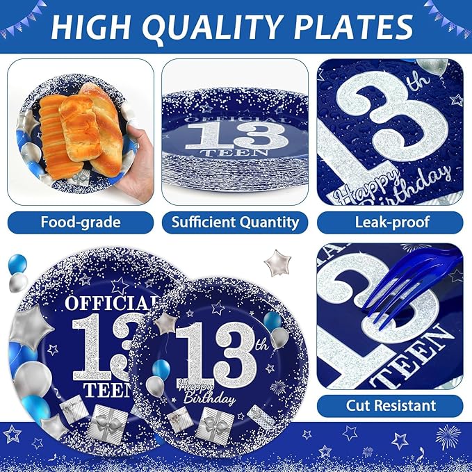gisgfim 96 PCS 13th Birthday Party Supplies 13th Birthday Plates and Napkins Official Teen 13th Tableware Blue and Silver Dinnerware Set 13 Years Old Party Decorations Favors for Boys Girls Serve 24