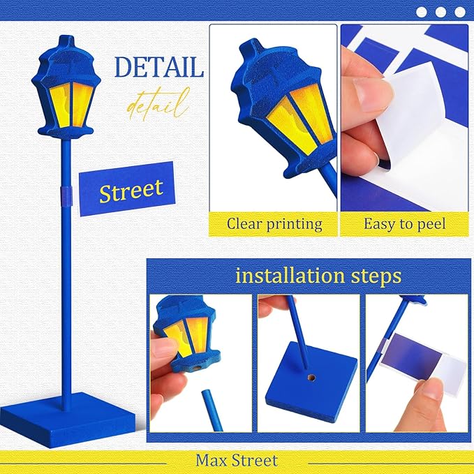 6 Pcs Street Sign Lamp Post Centerpiece Wooden Lamp Post with Street Party Sign Sticker for Toy Decor Friend Birthday Party Supplies Decoration(Blue)