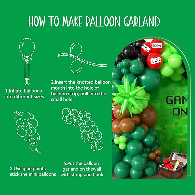 Green Balloon Arch Kit,Brow Green and Black Balloons Garland Kit For boy,Video Game Foil Balloon for Birthday Decorations,Party Supplies for boys