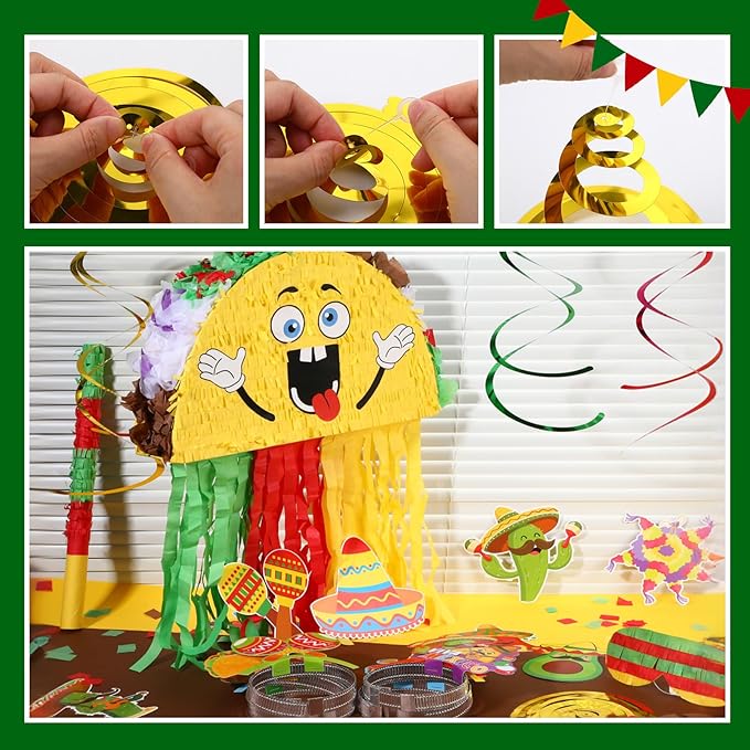 21pcs Taco Pinata Party Set Mexican Party Decorations Taco Pinata with Headbands Spiral Streamers Pull Flag for Cinco De Mayo Fiesta Birthday Celebrations (15.75 x 9.84 x 2.68 Inch)